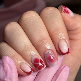 Flower Fake Nails Short Press on Nails Square, Red French Tip Press on Nails Short Full Cover Glossy False Nails with Five Petal Flower Designs Spring Summer Acrylic Nails for Women DIY Manicure 24Pcs