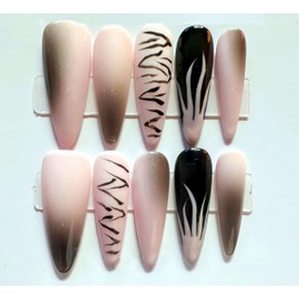 M·Q NAIL,Press on nails,Pink ink graffiti tips long nails,Hand drawn,Includes 48 jelly glue and 2 cuticle sticks and 2 rubbing strips (Pink ink graffiti, S)