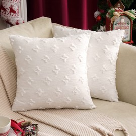 MIULEE Set of 2 Christmas Decorative Throw Pillow Covers Rhombic Jacquard Pillowcase Soft Square Cushion Case for Couch Sofa Bed Bedroom Living Room, 16x16 Inch, White