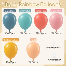 60pcs Boho Rainbow Balloons Assorted Colors 12inch with Slate Dusty Blue Mustard Yellow Pink Nude Colorful Balloons for Baby Shower Flower Groovy One Two Birthday Party Decorations