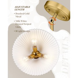 Modern Pendant Light White and Gold, HWH Large Kitchen Island Light Fixtures 16 Inch, 3-Light Hanging Lighting for Dinning Room Schoolhouse, Frosted Striped Glass Shade, 5HZG98MIL-M BG