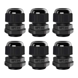 AIRIC 3/4" NPT Cable Glands Nylon PA66, IP68 Waterproof Adjustable Power Strain Relief Cord Grips, Junction Box Wire Gland Grip Connectors with Gaskets and Locknut, Black 6 Pcs