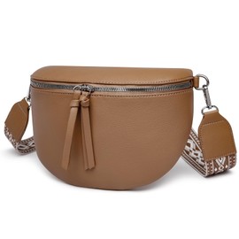 FOMAX Women's Bum Bag, Wide Shoulder Strap in Bohemian Style, Extra Zip Compartment, Silver Double Zip, Cross Body Shoulder Bag, gray