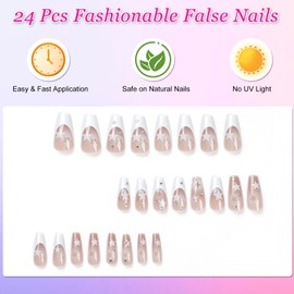 24Pcs French False Nails Medium Long, Square White Press on Nails with Elegant Pentagram Design, Ballerina Full Cover Fake Nails, Removable Acrylic Stick on Nails for Women Girls Nail Art Accessories