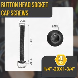 DTGN 1/4"-20x1-3/4 Button Head Socket Cap Screws - 20Pack - Good for Road Bicycle, Mountain Bike, Auto, Motorcycle - Carbon Steel Black Oxide - Hex Socket Drive Fasteners