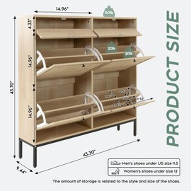 Brafab Freestanding Shoe Cabinet with 4 Flip Drawers, Natural Rattan Shoe Storage Organizer, Slim Shoe Storage for Entryway, Hallway