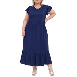 Moon Wood 2025 Women's Summer Dress, Long Casual Maxi Dress, Beach Dress with Ruffles, Short Sleeve and Pockets, Large Sizes, navy, L