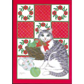 Cat with green apple Christmas card #9 - 1 card + 1 blank envelope
