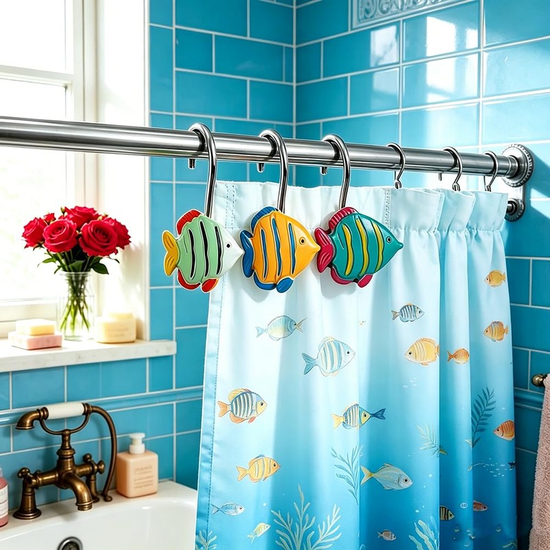 Fish-Shaped Shower Curtain Hooks 12-Pack, Underwater-Themed Bathroom Decor