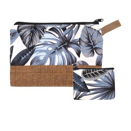 Mini & Große Mehrzwecktaschen [2er Set] für Kosmetik, Clutch, Toilettenartikel, Geldtasche für Reisen, Urlaub, Alltag - 3 Stile: graue Palme, tropisch, Herbstlaub, gemischt, Graues Palmen-Set