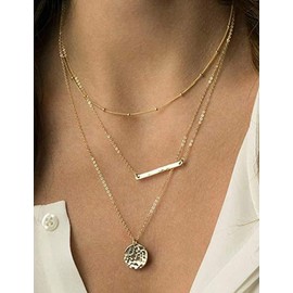 Ofeiyaa 12pcs Chain Gold Bead Necklace Coin Moon Star Pearl Pendant Chain Choker Multilayer Necklace Leather Cord Set for Women Men Adjustable Gold Tone (G:12Pcs(Gold KK))