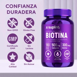 Biotina y Colágeno Hidrolizado, Cápsulas para Cabello, Piel y Uñas, 180 Unidades | SUPLINT