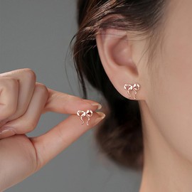 SLUYNZ 925 Sterling Silver Small Bow Stud Earrings for Women Teens Bow Ribbon Earrings Stud Bowknot Earrings (C-ROSE GOLD)