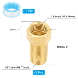 PATIKIL 1/2" Male to 1/2" Female Brass Pipe Extension Fitting Adapter, 2 Pcs 50mm Length Straight Thread NPS Hex Connector Pipe Fittings Bushing Converter with PTFE Tape