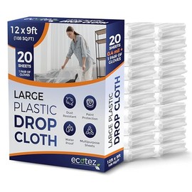 20 Pack 12 x 9 ft Extra Large Plastic Drop Cloth for Painting - Light & Durable Tarp Cover for Furniture - Plastic Clear Tarp Waterproof - Paint Floor Covering - Painters Drop Cloth Sheeting