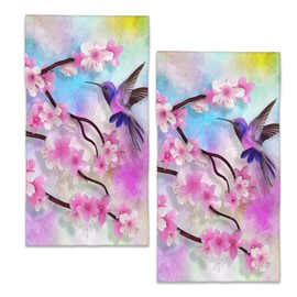 BIGXIUKA Bath Hand Towel 2 Pack Cherry Blossom Absorbent Hand Towels Hummingbird Spring Face Towel Soft Breathable Bathroom Towel for Kitchen Hotel Spa Decor Gift 28 x14 in