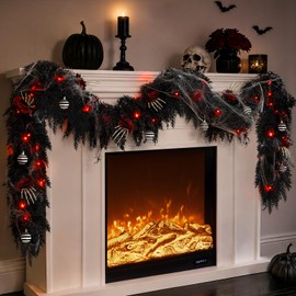 9FT Black Halloween Garland with Lights and Ornaments, Artificial Pre-Lit Cedar Pine Garland Halloween Decor Kit for Mantle Table Fireplace Stairs Holiday Indoor Outdoor Christmas Gothic Decorations