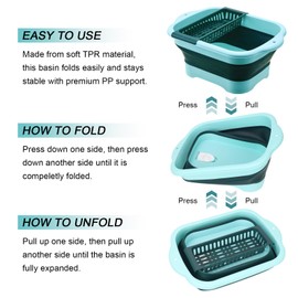 2.9 Gal(11L) Collapsible Dish Basin, Foldable Dish Tub & Dishpan for Kitchen Sink with Drain Plug, Outdoor Portable Wash Basin for Vegetable Washing, Camping, RV (Green)