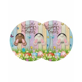 Easte Bunny Butt Round Braided Placemats Set of 2 Watercolor Easter Eggs Bunny Blue Pink Teal Woodgrain Butterfly Round Placemats for Dining Table 15 inch Washable Happy Easter Rabbit Round Table Mats