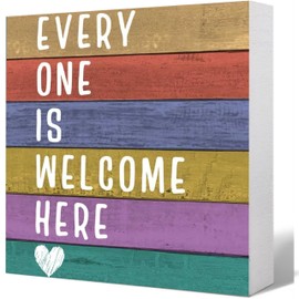 "Everyone is Welcome Here" Wooden Welcome Sign - Inspirational Diversity Decor for Classroom Desk, Home Office, School Shelf - Rustic Wood Box Sign 5x5 Inch