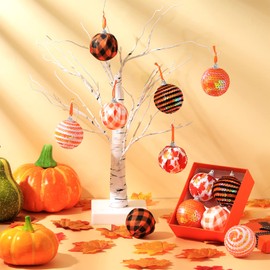 Bonuci 12 Pcs Fall Ball Ornaments for Tree Autumn Hanging Ball Decorations Glitter Orange Fabric Ball Ornament Maple Leaf Hanging Harvest Decor for Fall Thanksgiving Party