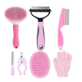 7 PCS Dog Grooming Kits,Pet Shedding Brush，Pet Self-Cleaning Brush with Pet Nail Clipper, Flea Comb and Shampoo Bath Brush