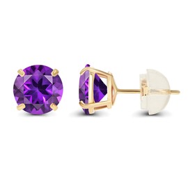 Genuine 14K Solid Yellow Gold 6mm Round Natural Purple Amethyst February Birthstone Stud Earrings