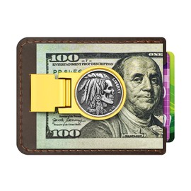 LWQLZY Men's front pocket leather Money Clip Wallet with hinged wallet inlaid with sterling silver coins Classic minimalist (Dark brown and sterling silver coin 01)