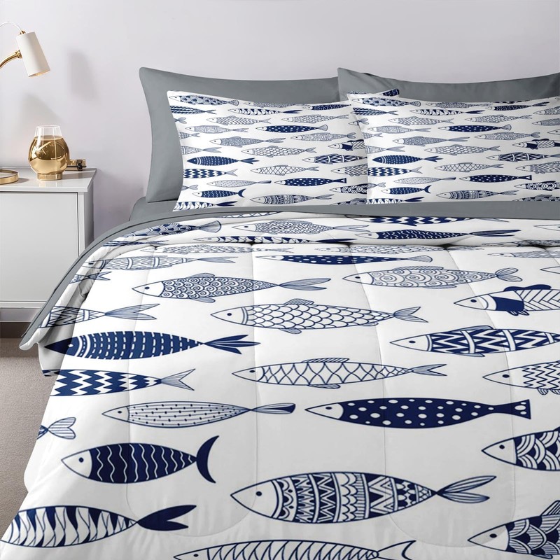 Nesker 5 Pcs Comforter Set Twin Size, Fish Nautical Blue