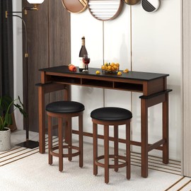 Giantex Bar Stools Set of 2, 25-Inch Counter Height Stools with Round Seat, Footrest, Wooden Frame, Modern Faux Leather, Upholstered Backless Barstools for Kitchen Island, Dining Room, Black&Walnut