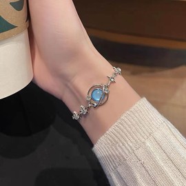 Inilbran Boho Crystal Gemstone Bracelet Blue Opal Moonstone Bracelet Silver Planet Bracelet Sparkly Cz Star Hand Chain Bracelet Jewelry for Women and Girls