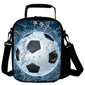 GOXUNYUAN Kids 3D Football Printed Lunch Bags Reusable Cooler Warm Tote Lunch Box with Drink Bottle Holder Children Portable Shoulder Strap Thermal Picnic Bags for Boys Girls Blue