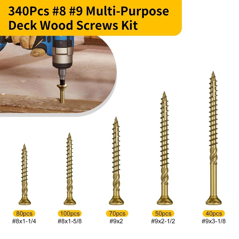 SVLING 340Pcs Multi-Purpose Wood Deck Screw Kit,#8#9 Bugle Head for