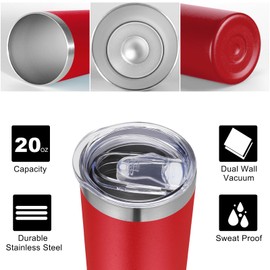VEGOND 20 oz Stainless Steel Skinny Tumbler with Lids and Straws, 20oz Vacuum Insulated Slim Tumbler Cup, Double Wall Travel Tumblers Bulk for Cold Hot Drinks, Red 6 Pack