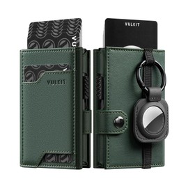 VULKIT Airtag Wallet for Men RFID Blocking Credit Card Holder with Banknote Compartment & ID Window Pop Up Wallet with Removable AirTag Holder Keyring, Napa Green
