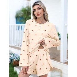 Kistore Womens 2 Piece Long Sleeve Pajama Sets Side Split Shorts Set Sleepwear Pjs Lounge Matching Comfy Sets Apricot Cherry Small