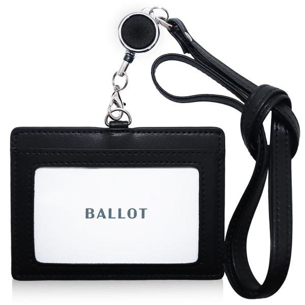 BALLOT Genuine Leather ID Card Holder Name Holder Horizontal Pass Case Neck Strap with Elastic Reel, Black