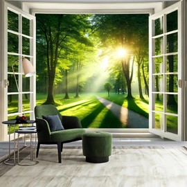 FENDROM Window View Misty Forest Tapestry Wall Hanging Nature Green Landscape Tapestry Sunshine Through Tree Wall Blanket for Bedroom Living Room Dorm Decor