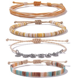 FANCY SHINY Waterproof String Anklets Boho Clay Beads Ankle Bracelets Cute Cloth Stainless Steel Coin Anklet Set Beach Summer Jewelry for Women(Wheat)