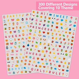 IDDFEVE Mini Nail Stickers for Kids - 800 Pcs Birthday Little Girl Party Favors, Cute 3D Self-Adhesive Flowers, Animals, Fruits Designs - DIY Home Nail Art Decals for Toddler Easter Basket (4 Sheets)