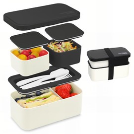 Bugucat Adult Lunch Box, 1450 ml, 2-in-1 Lunch Box Children with 3 Compartments, Leak-Proof Lunch Box, Children's Bento Box, Adults, Lunch Box, Breakfast Box for Girls and Boys, BPA-Free, Black