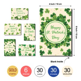 Omosri 30 Pack St. Patrick’s Day Cards Bulk for Employee Appreciation Inspiration Cards with Envelopes & Stickers Suitable for Client Family Students 6 Designs (St. Patrick 2)