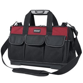 TICONN Tool Bag with Multi-Pockets Wide Mouth Tool Tote with Safety Reflective Straps, Adjustable Shoulder Strap and Ergonomic Handle (Red, 16" Molded Base)