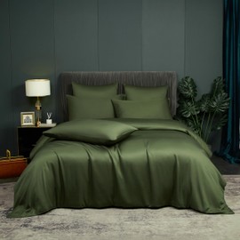 DXHOME Bamboo Bed Linen 135 x 200 cm Green Olive Green Bamboo Fibre Bed Linen Set Smooth Luxury Summer Bed Linen Breathable Cooling Duvet Cover with Zip and 1 Pillowcase 80 x 80 cm