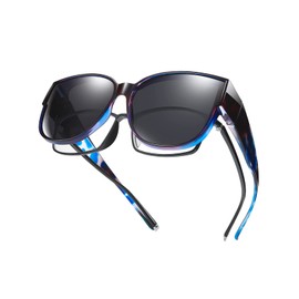 TINHAO Polarized Fit Over Glasses Sunglasses for Women UV Protection, Trendy Oversized Square Wrap Around Shades for Driving(Blue Purple leopard,Black)