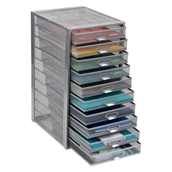 Mind Reader Network Collection, 10-Drawer File Storage, Desk Organizer, Label Frame on Each Drawer, Metal Mesh, Multi-Purpose, 10.75"L x 14"W x 21.25"H, Silver
