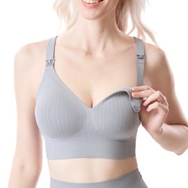 Momcozy CoolFit Nursing Sports Bra, Racerback Nursing Bras for Workout and Yoga, Soft Stretchy Ribbed Support Maternity Bra Gray