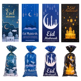Eid Mubarak Cellophane Goodie Bags,100Pcs Castle Moon Star Pattern Treat Bags Ramadan Theme Candy Bags with Gold Twist Ties for Muslim Islamic Eid Iftar Diwali arty Favor Supplies, 4 Designs
