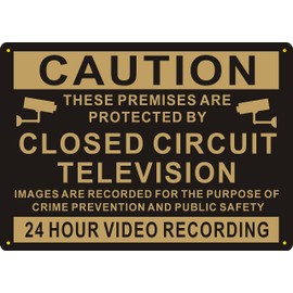 Andchi 2 pcs CCTV 24H Video Surveillance Sign, Closed Circuit Signs, Gold & Black Security Aluminium Metal Waring Signs for Home Yard, 14 x 10 inches