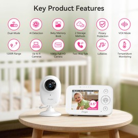 Simyke 1080P Smart AI Video Baby Monitor,3.5" LCD & App Viewing,WiFi On/Off Switch,2-Way Audio,Night Vision,VOX,5 Lullabies,1500ft Range, Home Use,AI Baby Growth Album
